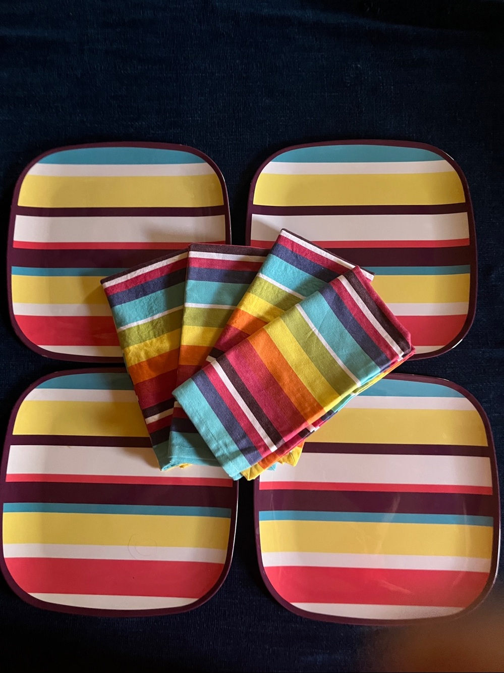 PIER 1 Set Of 4 Melamine Dinner Plates And 4 Matching Cloth Napkins